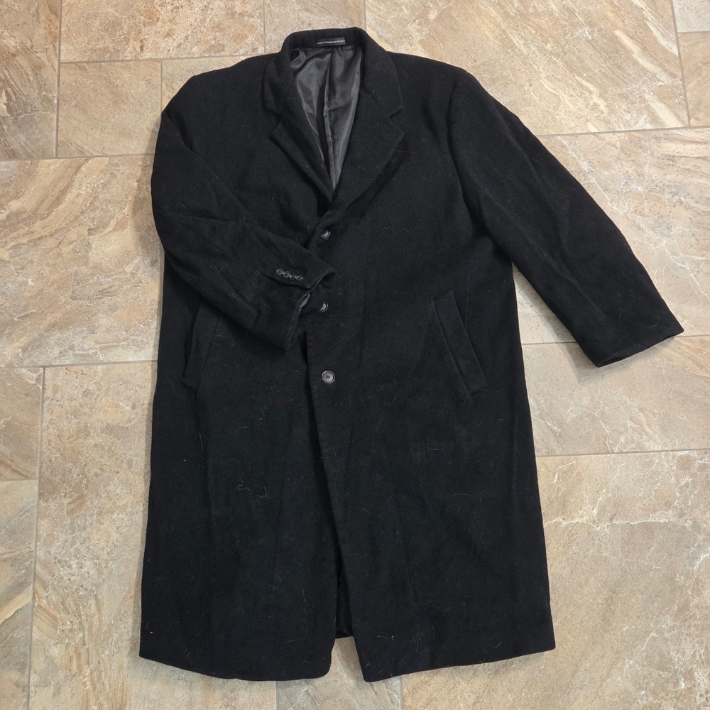 VTG London Fog Mens Black Wool Blend Overcoat Three Button Long Trench Coat 44R